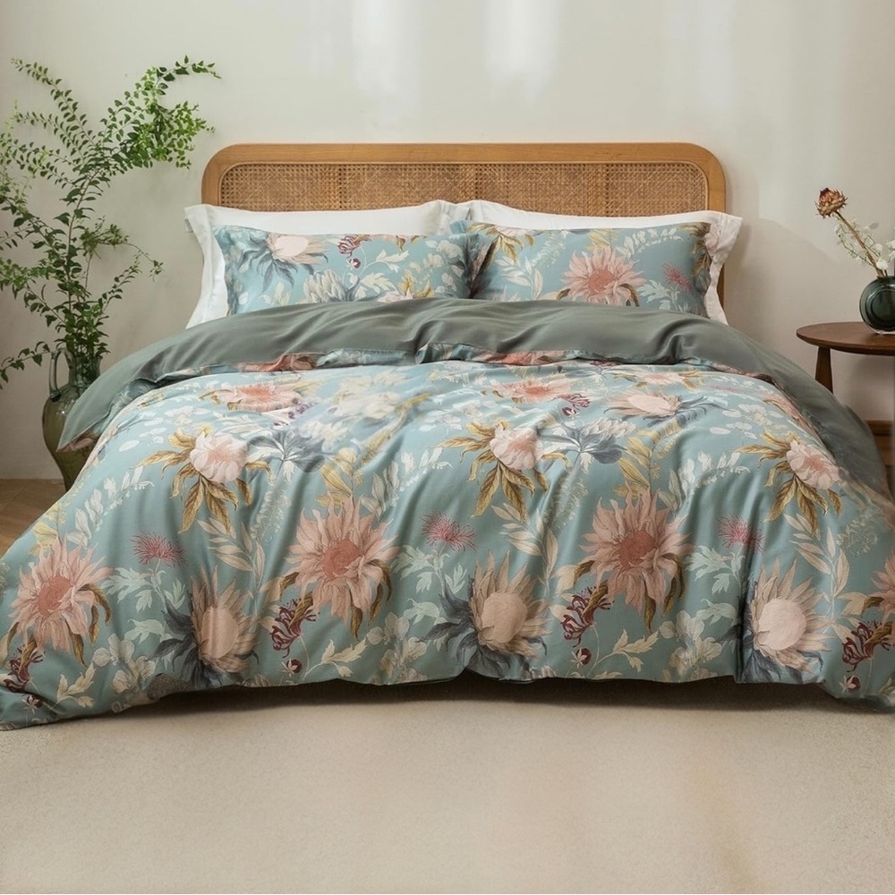 NEW Anthro Blue Floral Multicolor Full Queen King Cotton Bedding Duvet Sham Set - Picture 6 of 12